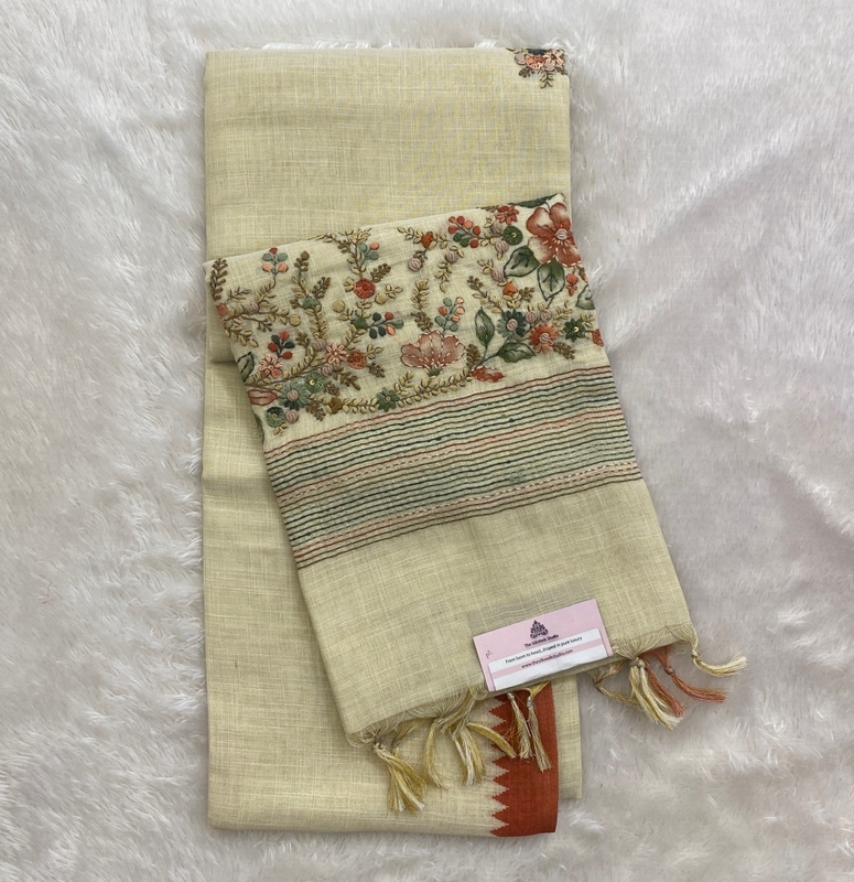 Saanvi White Base – The Linen French Knot Saree SWS156