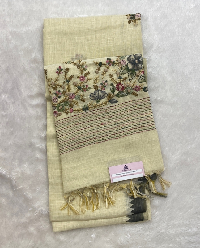 Saanvi White Base – The Linen French Knot Saree SWS156