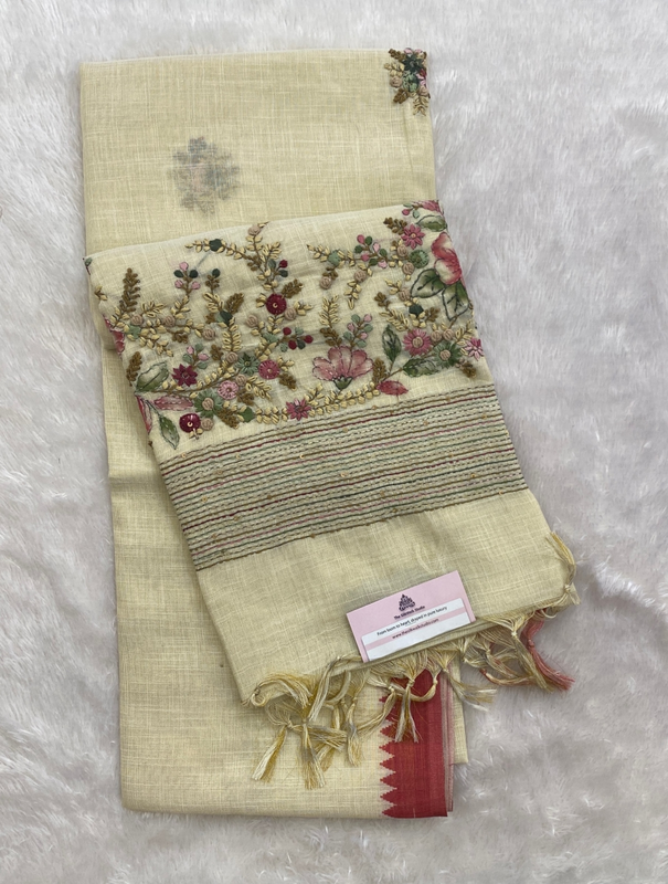 Saanvi White Base – The Linen French Knot Saree SWS156