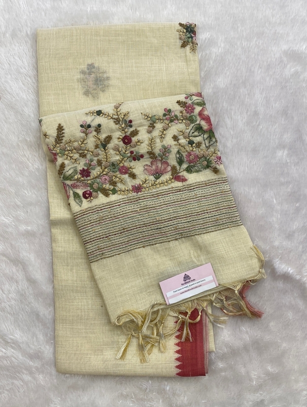 Saanvi White Base – The Linen French Knot Saree SWS156