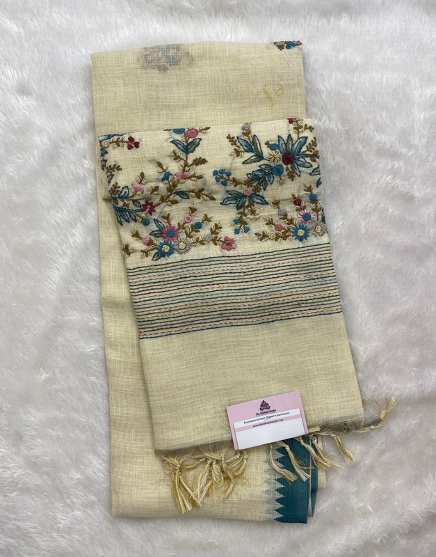 Saanvi White Base – The Linen French Knot Saree SWS154