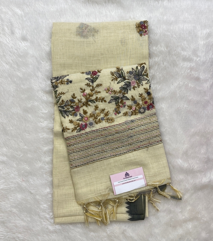 Saanvi White Base – The Linen French Knot Saree SWS154