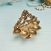 Decorative Five Wick Handmade Diya in Brass - 5 Inch Length