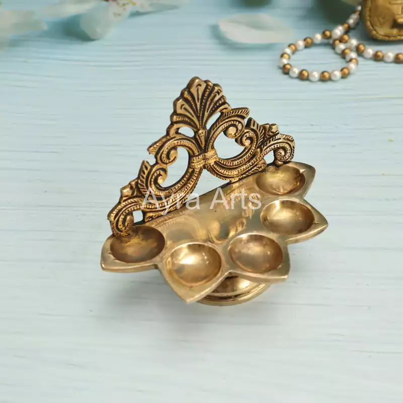 Decorative Five Wick Handmade Diya in Brass - 5 Inch Length