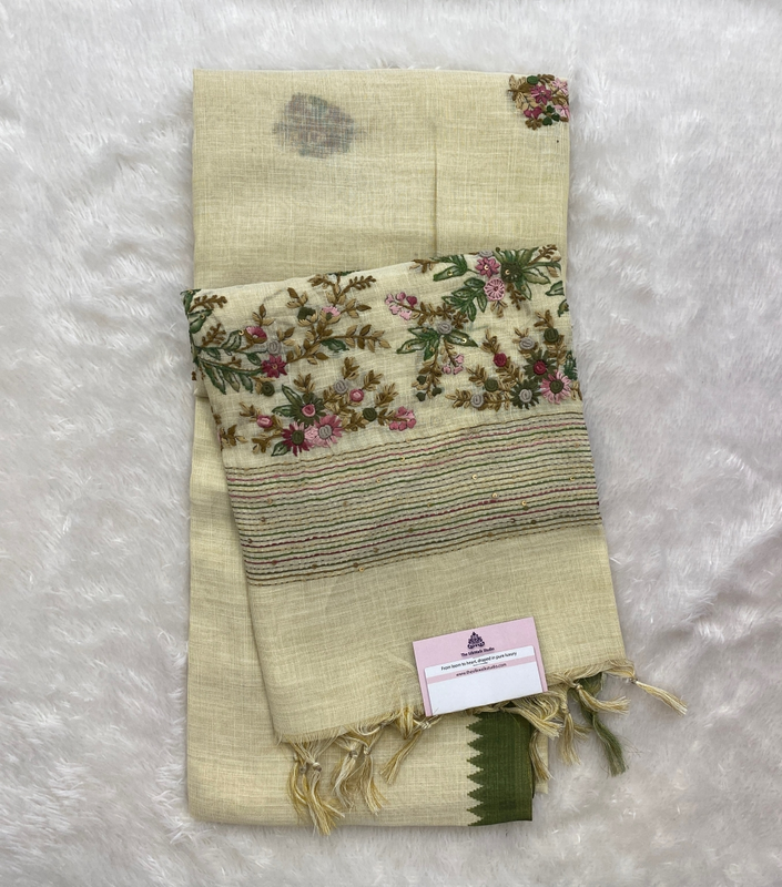 Saanvi White Base – The Linen French Knot Saree SWS154