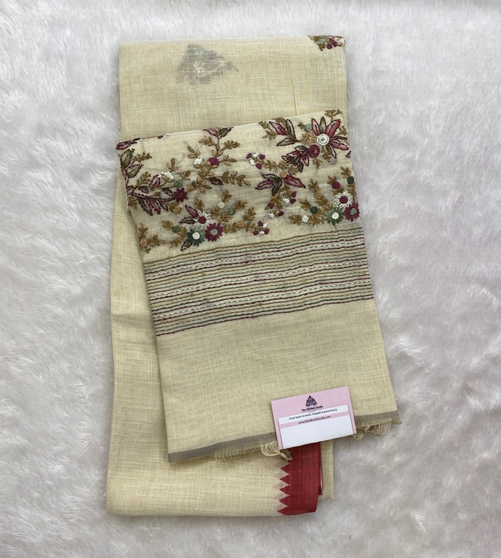 Saanvi White Base – The Linen French Knot Saree SWS153