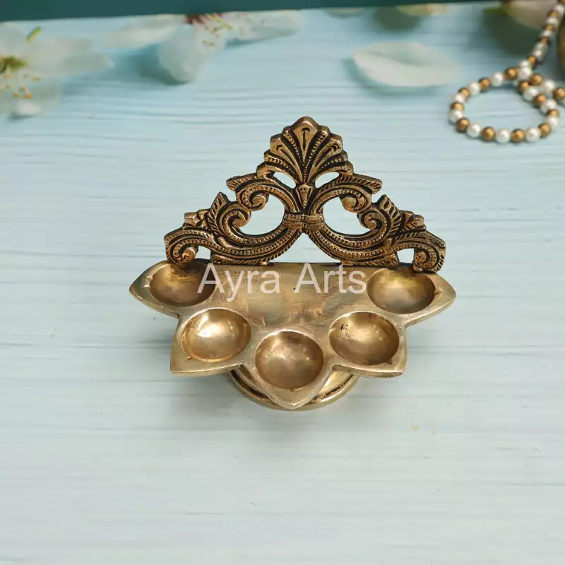 Decorative Five Wick Handmade Diya in Brass - 5 Inch Length