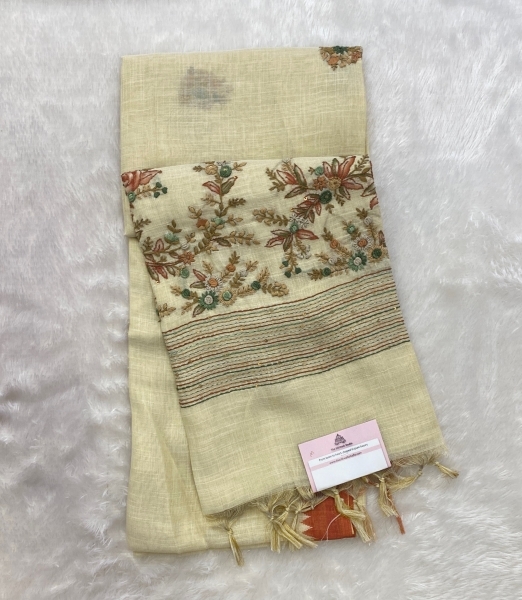 Saanvi White Base – The Linen French Knot Saree SWS154