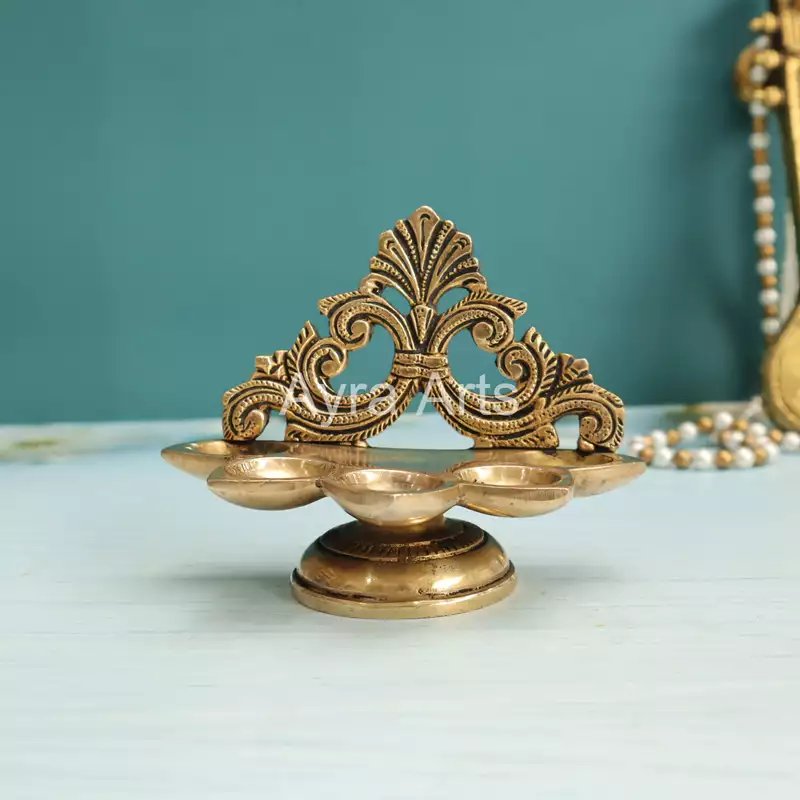 Decorative Five Wick Handmade Diya in Brass - 5 Inch Length