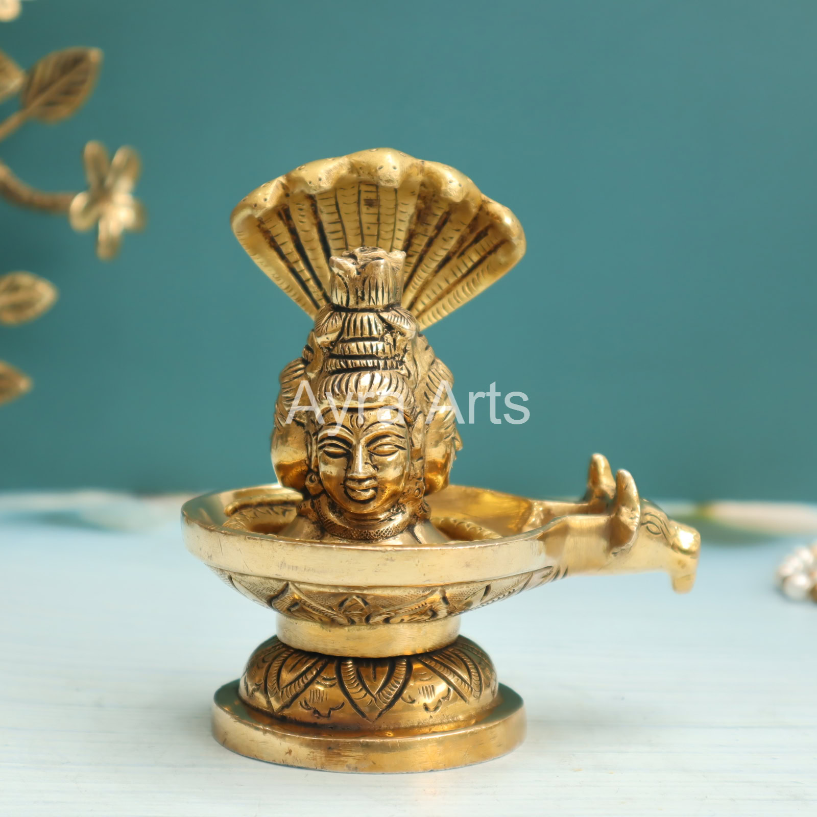 Brass Three Face Shivling Trimukhi Shivlingham with Panchmukhi Sheshnaag and Gomukh Jal Dhara - 5 Inch Height