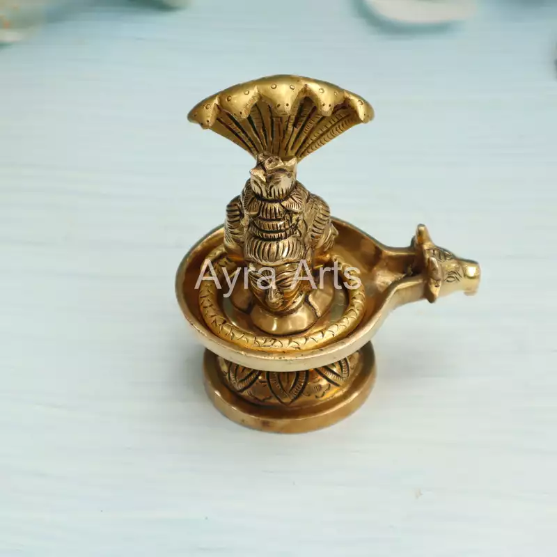 Brass Three Face Shivling Trimukhi Shivlingham with Panchmukhi Sheshnaag and Gomukh Jal Dhara - 5 Inch Height