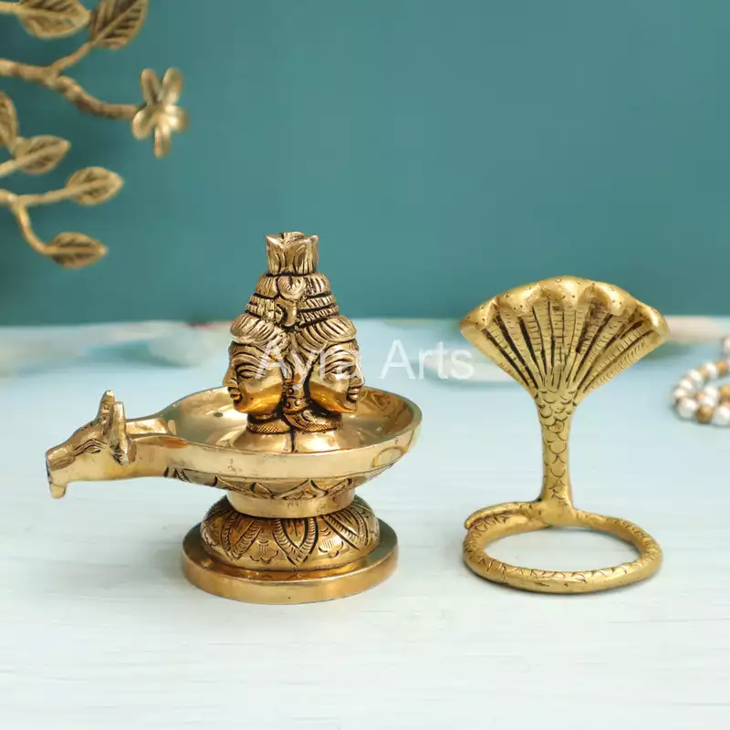 Brass Three Face Shivling Trimukhi Shivlingham with Panchmukhi Sheshnaag and Gomukh Jal Dhara - 5 Inch Height