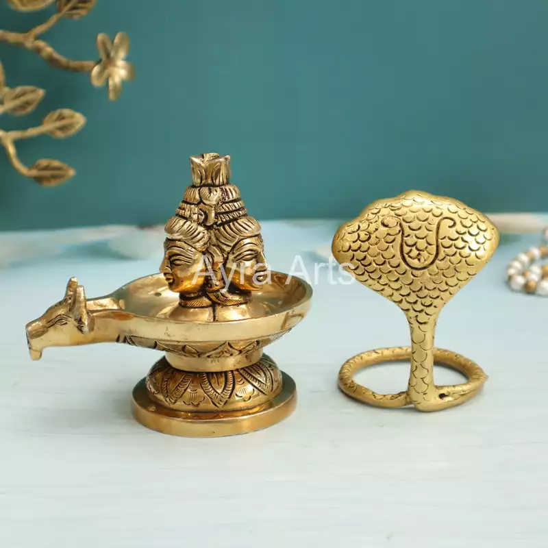 Brass Three Face Shivling Trimukhi Shivlingham with Panchmukhi Sheshnaag and Gomukh Jal Dhara - 5 Inch Height