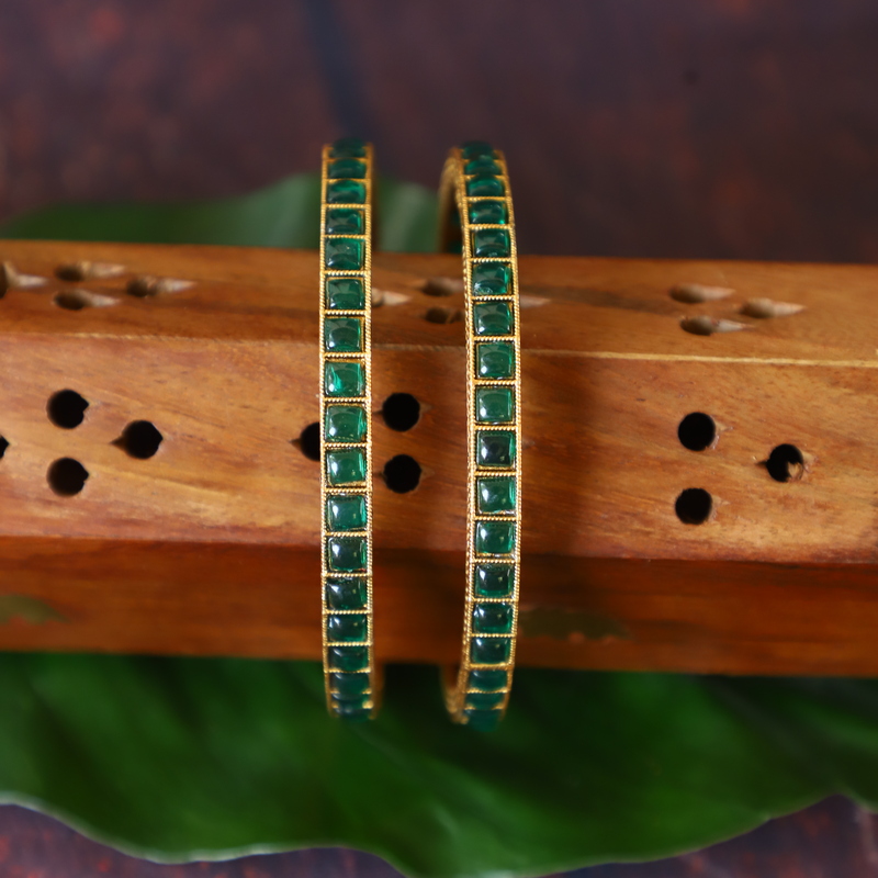 Antique Gold Plated Square green Stone Bangles
