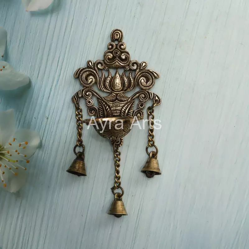 Brass Wall Hanging Diya With Bells - 5 Inch Length