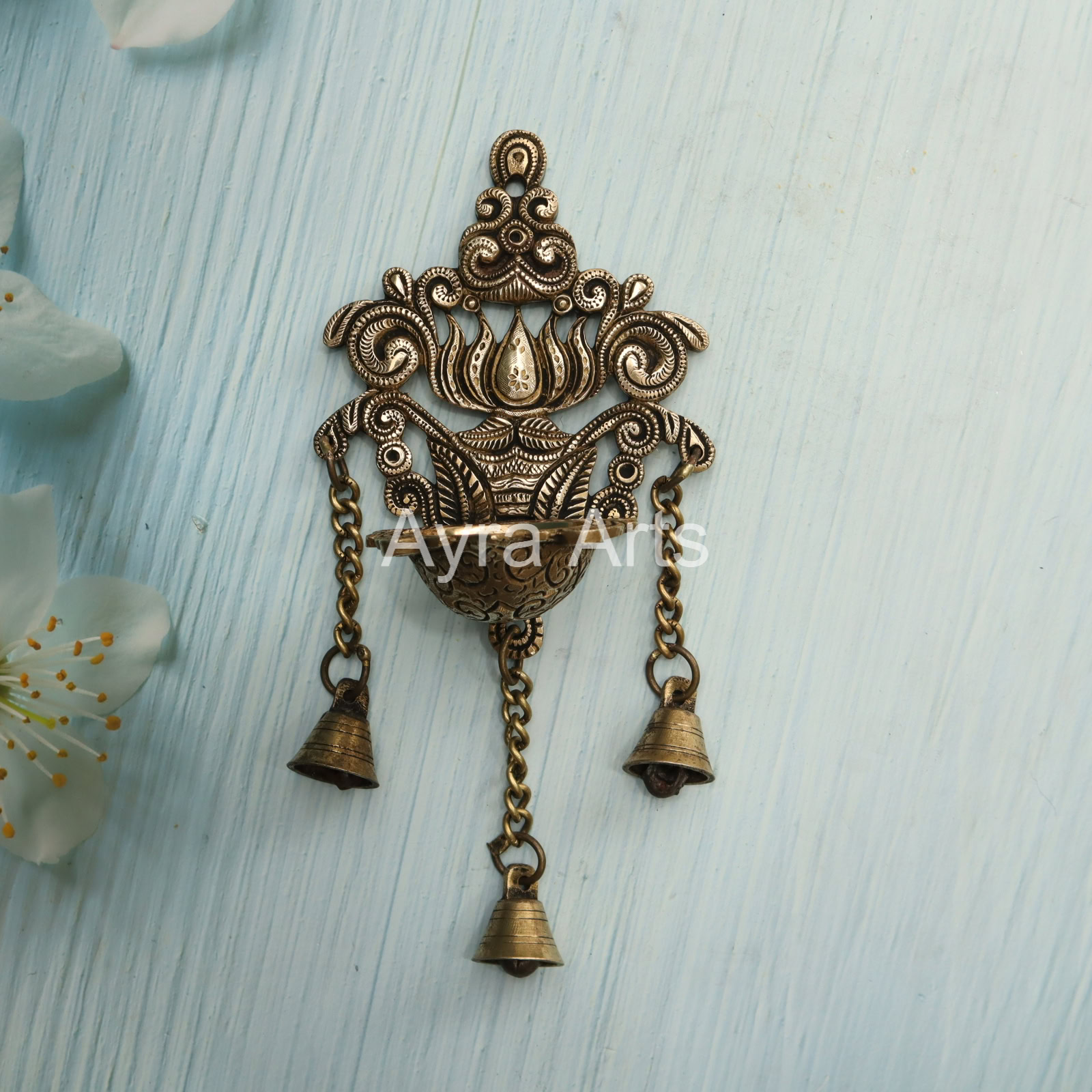 Brass Wall Hanging Diya With Bells - 5 Inch Length