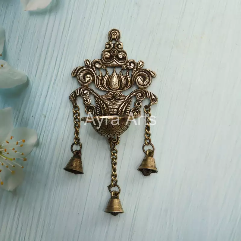 Brass Wall Hanging Diya With Bells - 5 Inch Length