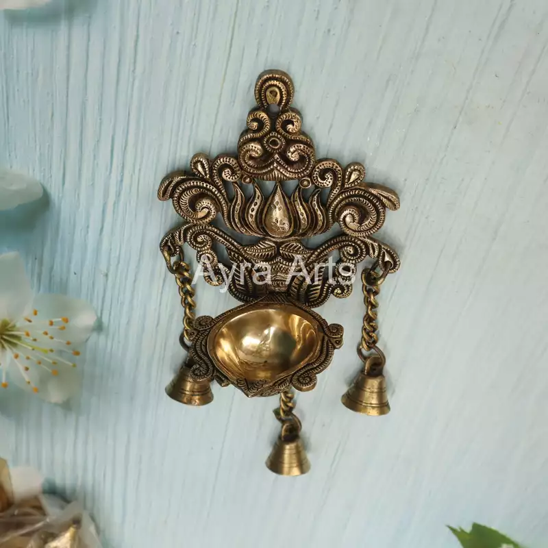 Brass Wall Hanging Diya With Bells - 5 Inch Length