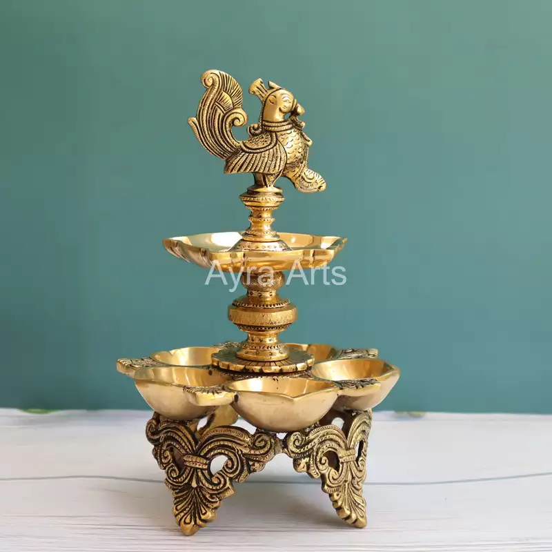 Brass Ten Wick Peacock Diya - 12 Inch Height