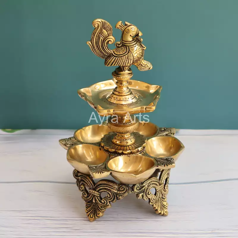 Brass Ten Wick Peacock Diya - 12 Inch Height