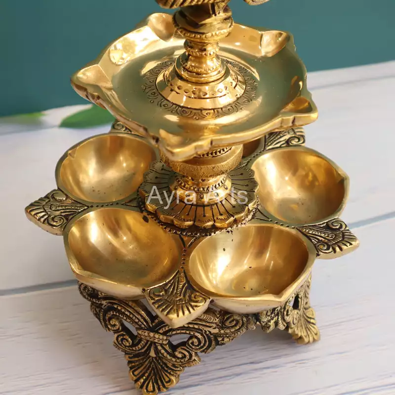 Brass Ten Wick Peacock Diya - 12 Inch Height