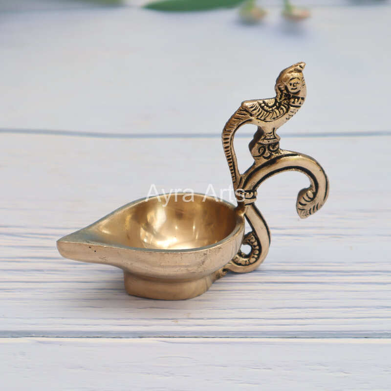 Brass Ek Aarti Handcrafted Aarti Diya with Parrot handle - 4.5 Inch Length
