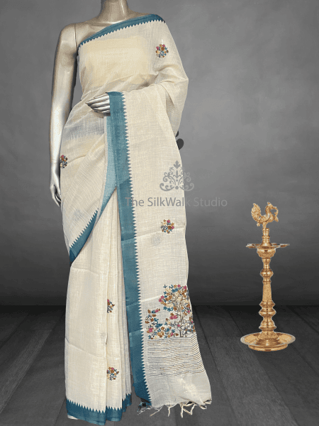 Saanvi White Base – The Linen French Knot Saree (Tree)  SWS150