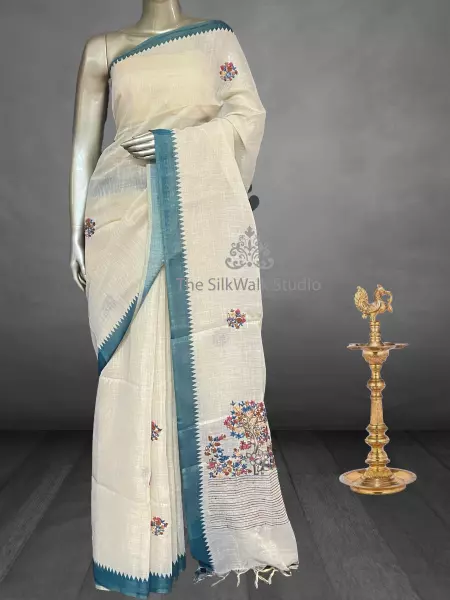 Saanvi White Base – The Linen French Knot Saree (Tree) SWS151