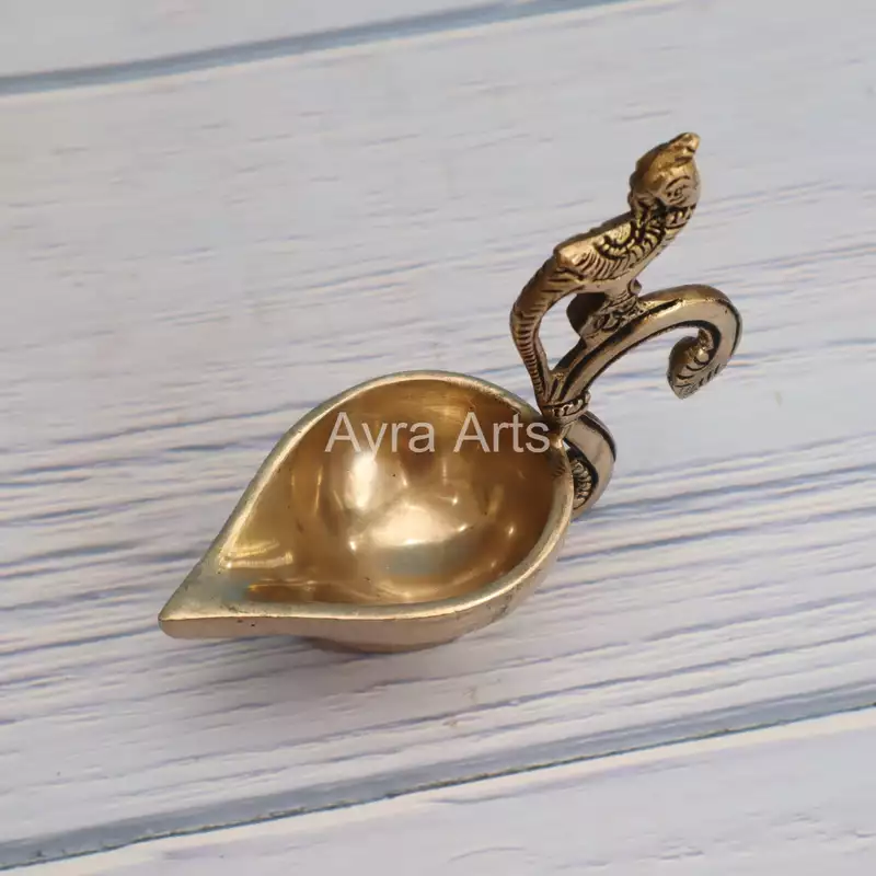 Brass Ek Aarti Handcrafted Aarti Diya with Parrot handle - 4.5 Inch Length
