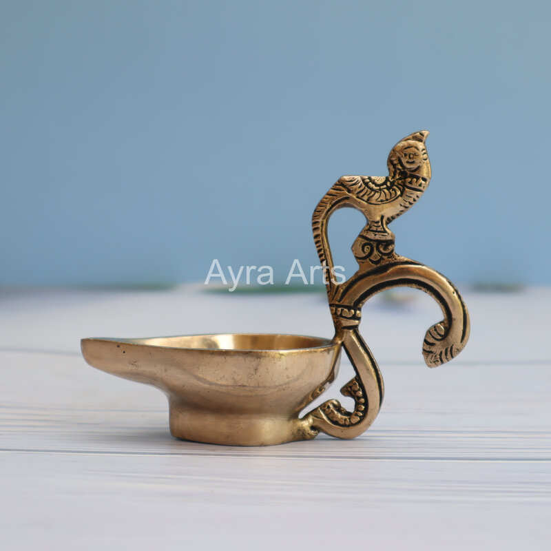 Brass Ek Aarti Handcrafted Aarti Diya with Parrot handle - 4.5 Inch Length