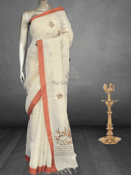Saanvi White Base – The Linen French Knot Saree (Rose) SWS154