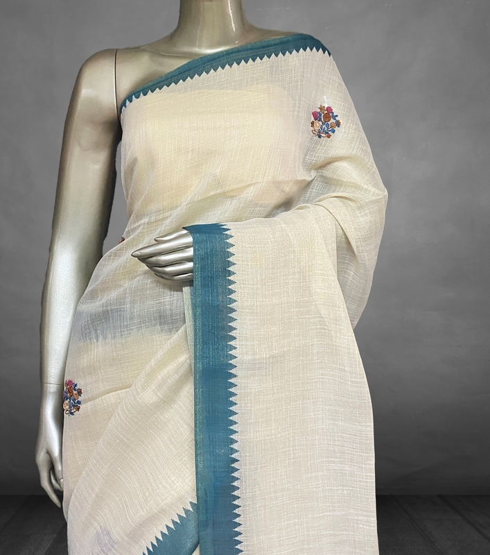 Saanvi White Base – The Linen French Knot Saree (Tree) SWS151
