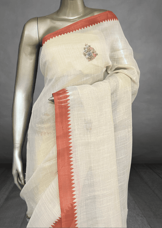 Saanvi White Base – The Linen French Knot Saree (Rose) SWS154