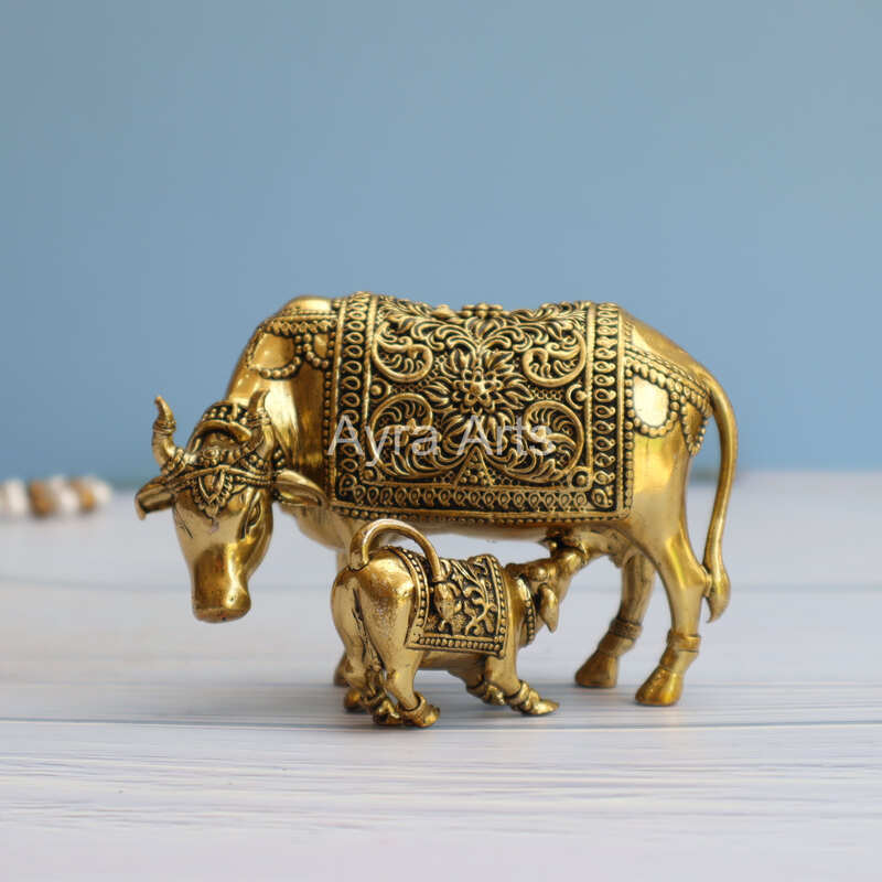 Premium Light Weight Brass Surabhi Cow And Calf Idol - 3.5 Inch Height