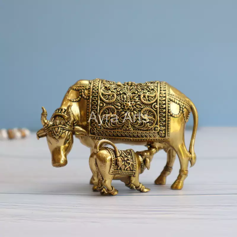 Premium Light Weight Brass Surabhi Cow And Calf Idol - 3.5 Inch Height