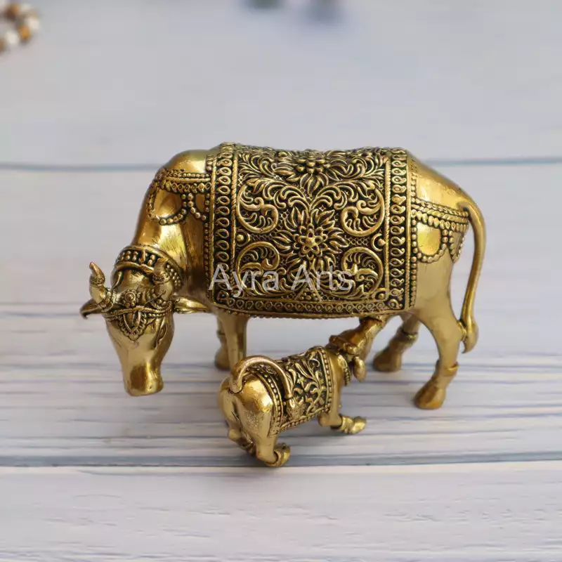 Premium Light Weight Brass Surabhi Cow And Calf Idol - 3.5 Inch Height
