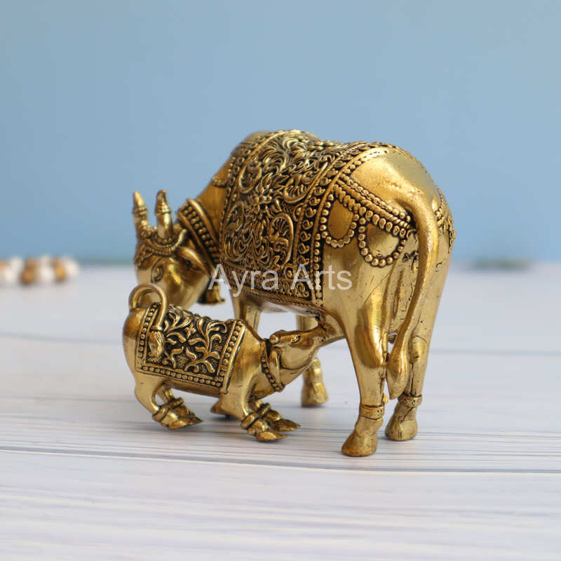Premium Light Weight Brass Surabhi Cow And Calf Idol - 3.5 Inch Height