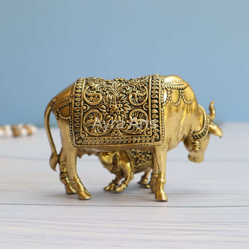 Premium Light Weight Brass Surabhi Cow And Calf Idol - 3.5 Inch Height