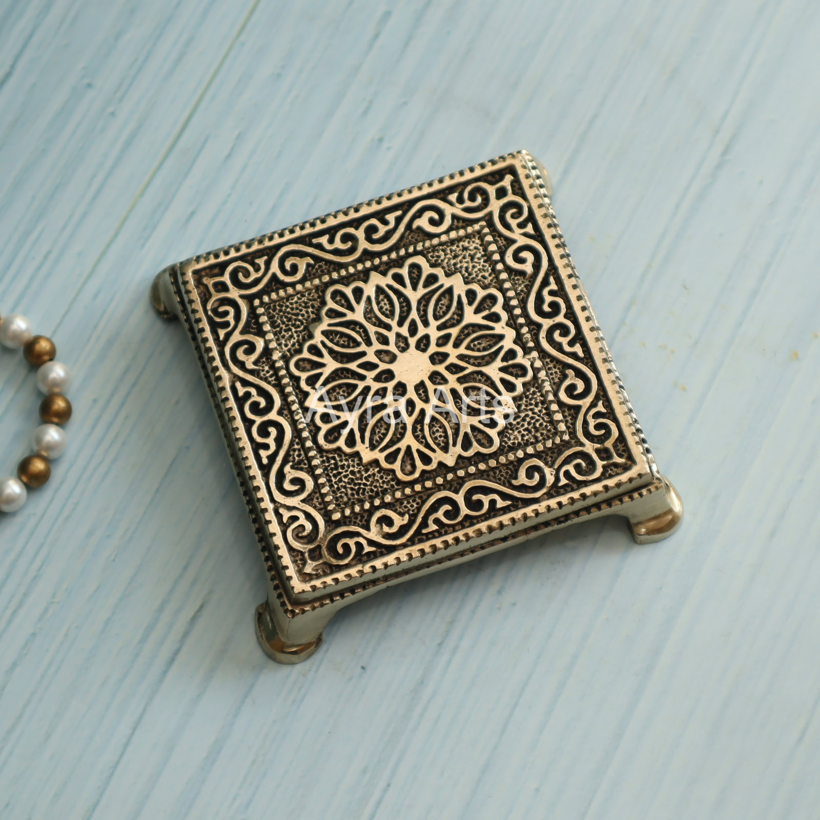 Handcarved Decorative Brass Pooja Chowki - 4 Inch Height
