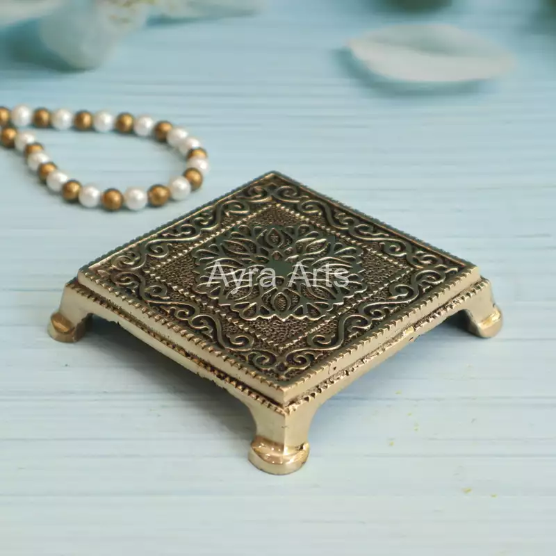 Handcarved Decorative Brass Pooja Chowki - 4 Inch Height