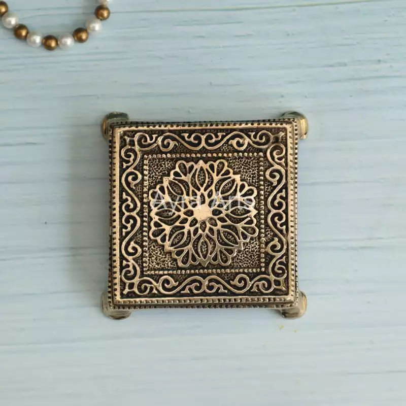 Handcarved Decorative Brass Pooja Chowki - 4 Inch Height