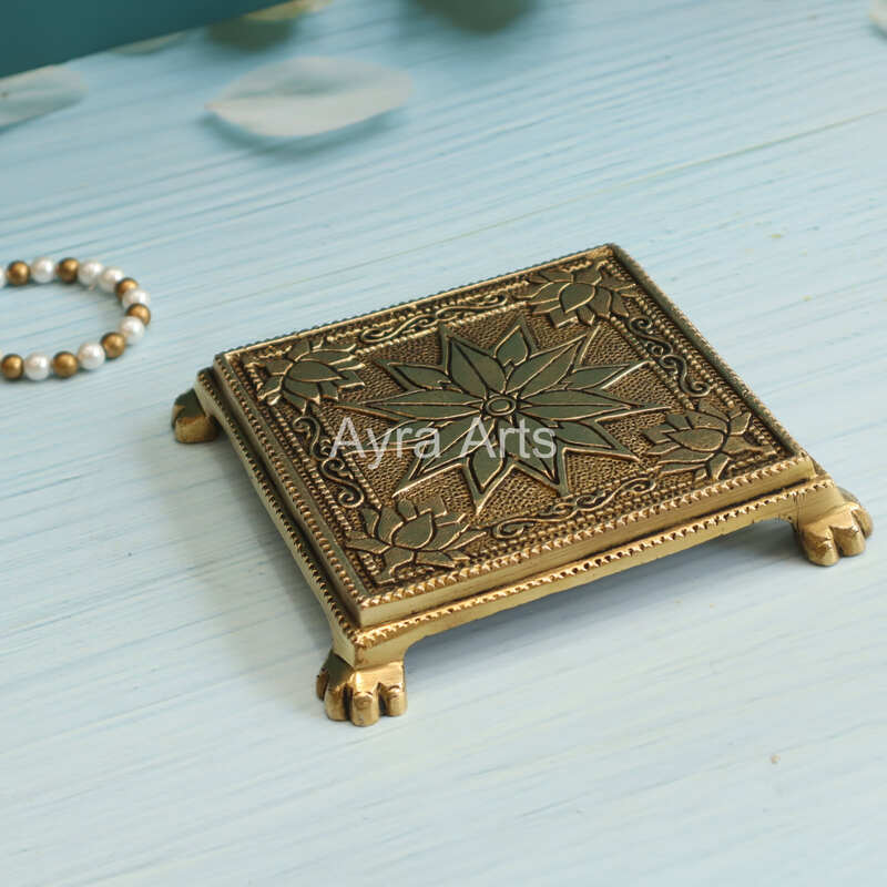 Brass Square Pooja Chowki - 5.5 Inch Height