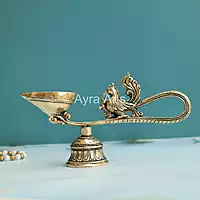 Brass Ethnic Peacock Diya With Bell - 8.5 Inch Length