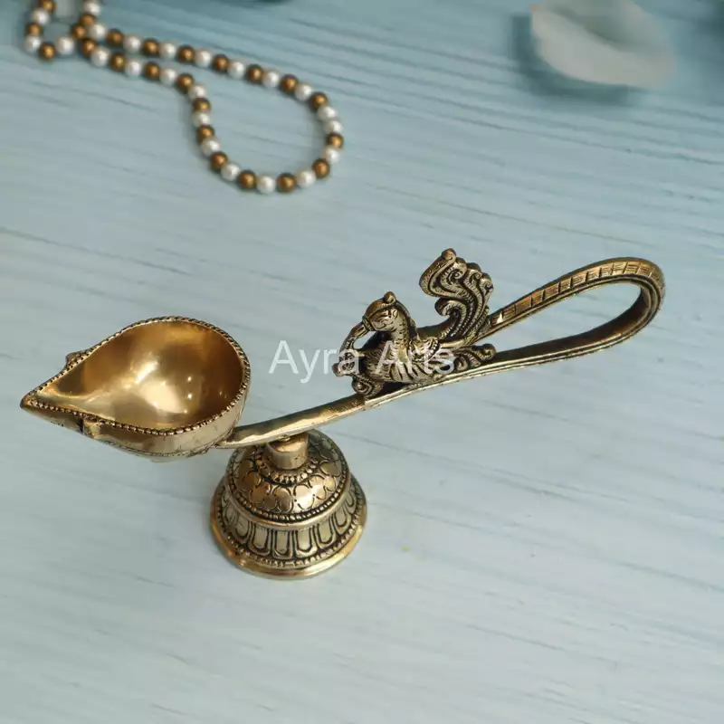 Brass Ethnic Peacock Diya With Bell - 8.5 Inch Length