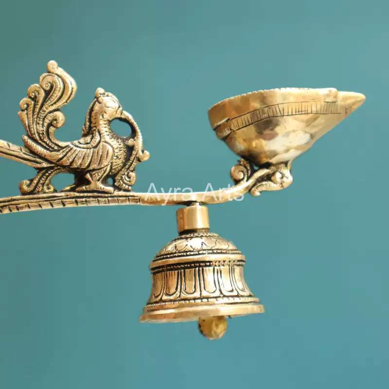 Brass Ethnic Peacock Diya With Bell - 8.5 Inch Length