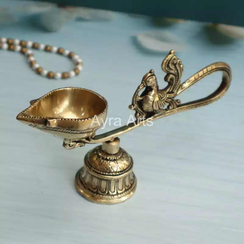 Brass Ethnic Peacock Diya With Bell - 8.5 Inch Length