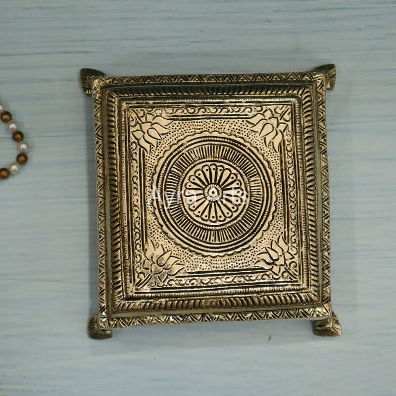 Brass Lotus Carving Pooja Square Chowki - 7 Inch Length