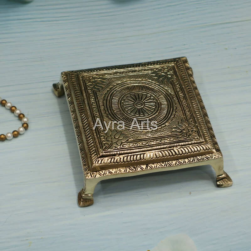 Brass Lotus Carving Pooja Square Chowki - 7 Inch Length