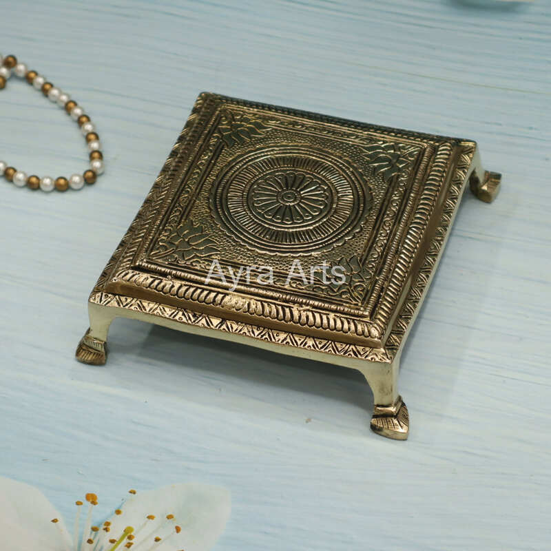 Brass Lotus Carving Pooja Square Chowki - 7 Inch Length