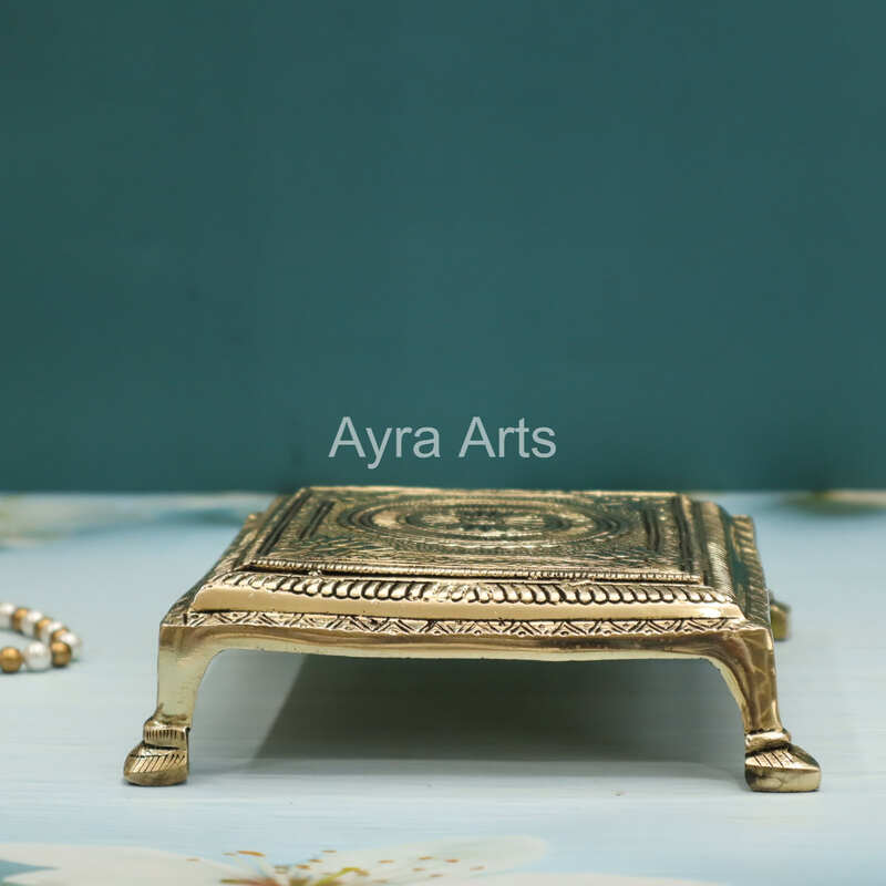 Brass Lotus Carving Pooja Square Chowki - 7 Inch Length